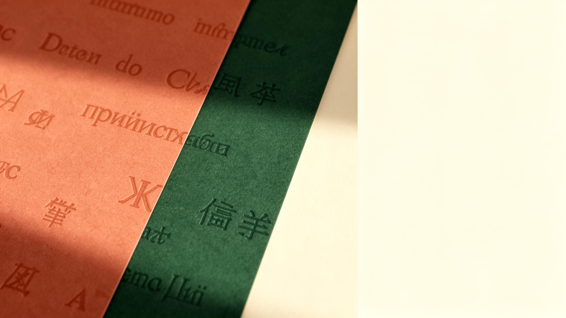 Layered terracotta and forest-green pages with multilingual glyphs